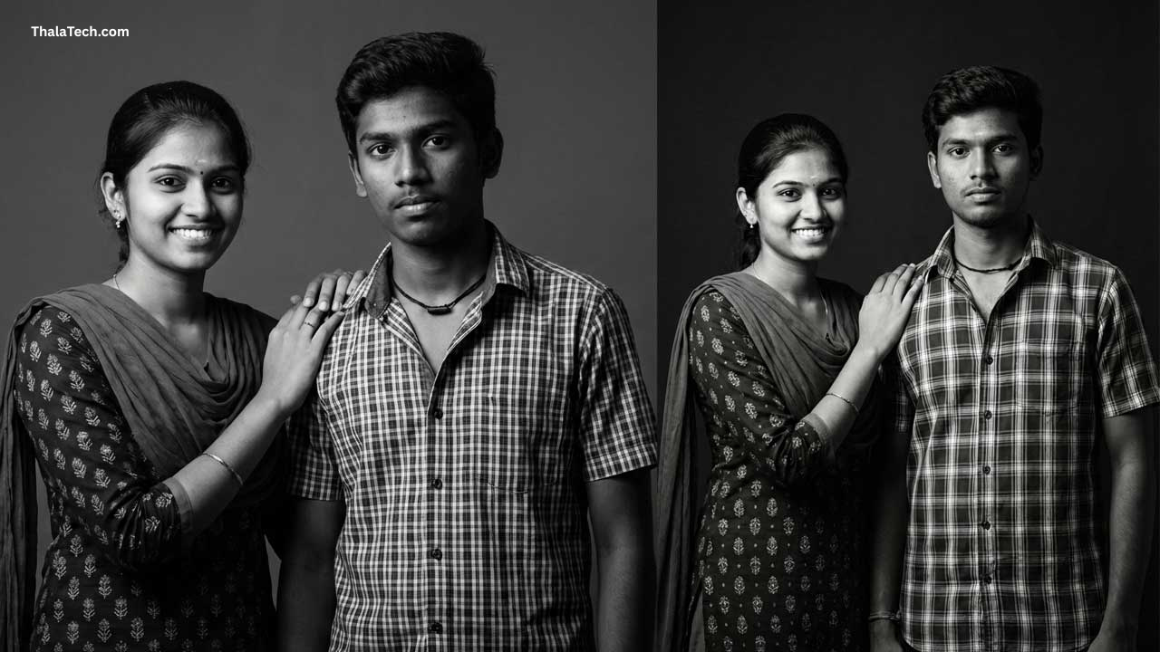 Girl with Hand on Boy’s Shoulder – Black and White Photo Edit